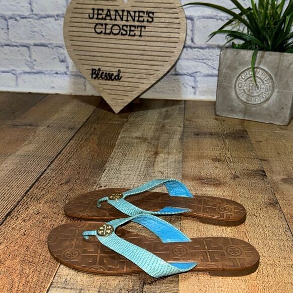 Tory Burch Blue Patent THORA Gold Logo Flip Flop Sandal US 7 M - Picture 12 of 14